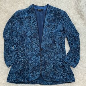 ONYX Nite Blue Paisley Sparkle Rhinestone Open Front Blazer Jacket Women S